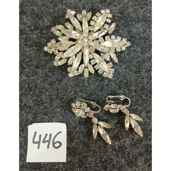 LOT OF 2 - SHERMAN RHINESTONE BROOCH & CLIP ON EARRINGS