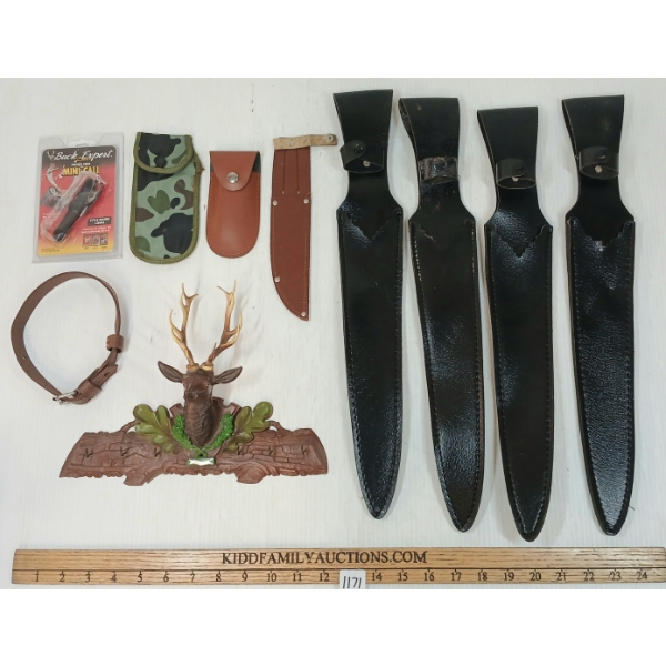 JOB LOT - MISC BLADE SHEATHS & COVERS, BAKELITE DEER KEYRING HOLDER, MINI DEER CALL & COLT BOX