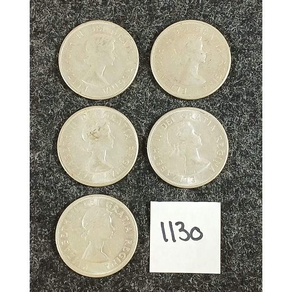 LOT OF 5 - 1957 CDN 50 CENT SILVER COINS