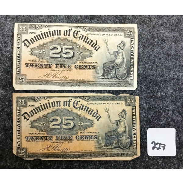 LOT OF 2 - 1900 DOMINION OF CANADA 25 CENT BANKNOTES