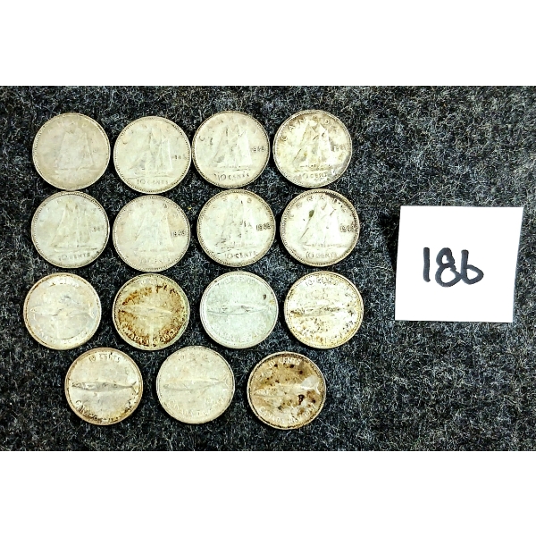 LOT OF 15 - 1941-1967 CDN 10 CENT SILVER COINS 