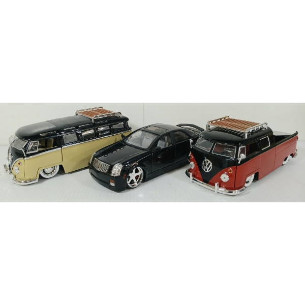 LOT OF 3 - JADA DUBCITY DIECAST MODELS - 2002 CADILLAC CTS, '62 VW BUS, ETC