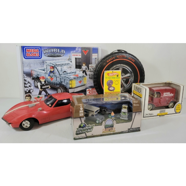 LOT OF 5 - MEGA BLOKS KIT, GREENLIGHT DIECAST CAMPSITE CRUISERS, ERTLE 1913 MODEL 'T' COIN BANK, ETC