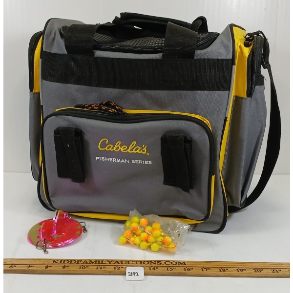 LOT OF 2 - QTY OF YELLOW JIG HEADS & CABELA'S UTLILTY BAG