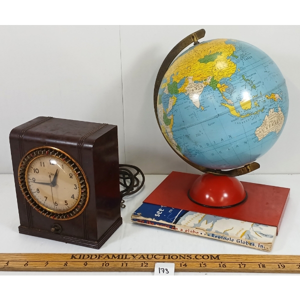 LOT OF 2 - TELECHRON MODEL 8B53 HOUSEHOLD TIMER & 1951 "SEE THE WORLD ON A GLOBE" BOOK / GLOBE SET