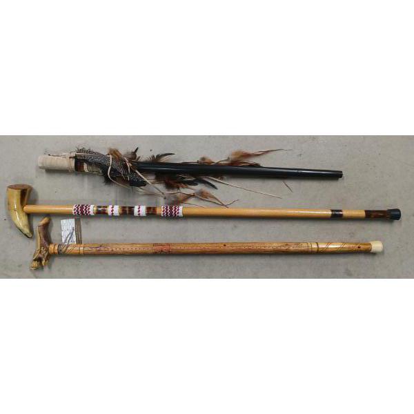 LOT OF 3 - WOOD CARVED CANES - INCL ANTLER & BEADS