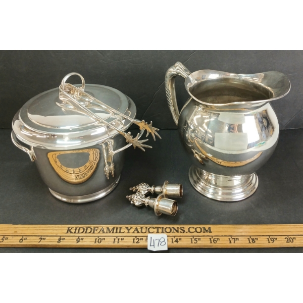 LOT OF 5 - PITCHER, BOTTLE STOPPERS & ICE BUCKET W/ TONGS - INCL SHEFFIELD, MARLBORO & FORBES