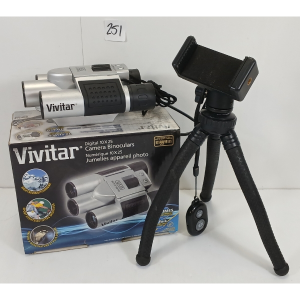 LOT OF 2 - VIVITAR DIGITAL 10X25 CAMERA BINOCULARS & TRIPOD