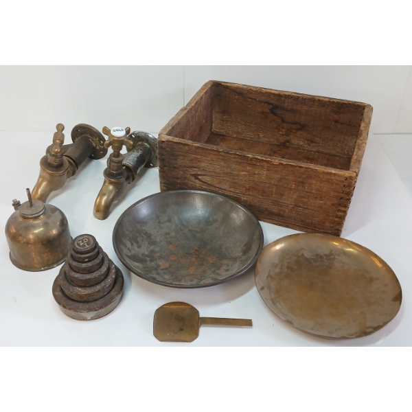 JOB LOT - BRASS OILER, VINTAGE FAUCETS, CAST STACKING WEIGHTS & FRANKLIN HORSE NAILS CRATE, ETC