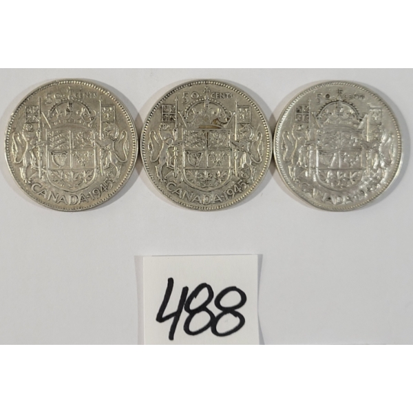 LOT OF 3 - 1945 CDN 50 CENT SILVER COINS