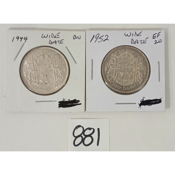 LOT OF 2 - 1944 & 1952 CDN 50 CENT SILVER COINS