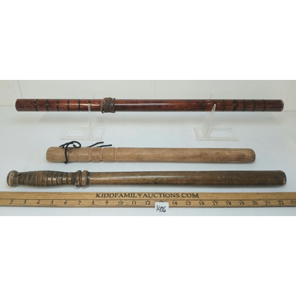 LOT OF 3 - BARJAN HICKORY TIRE KNOCKER, WOODEN BATON & BILLY CLUB