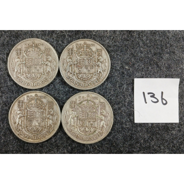 LOT OF 4 - 1943 CDN 50 CENT SILVER COINS