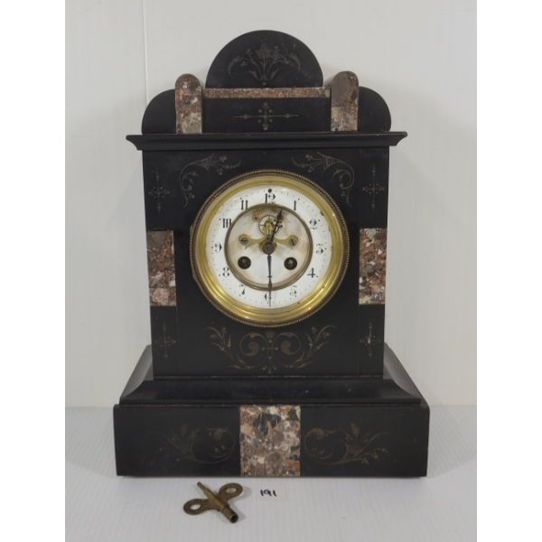 1890's FRENCH BLACK MARBLE 8 DAY 1/2HR STRIKE CLOCK