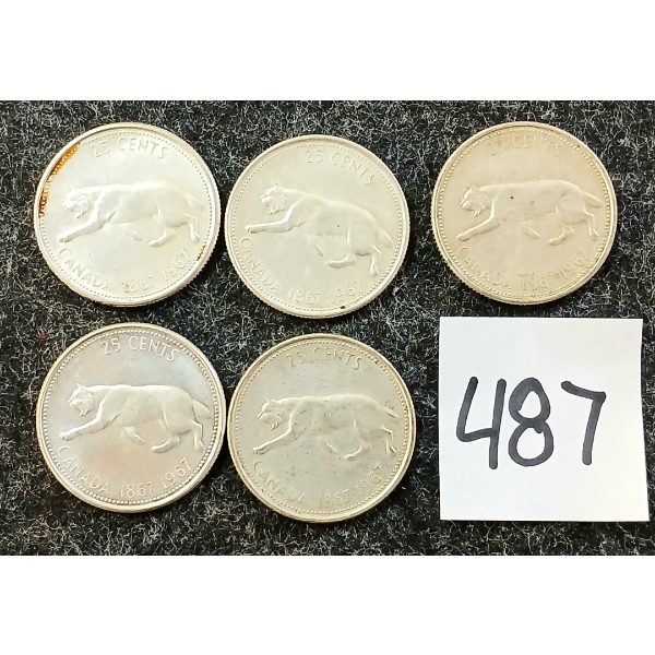 LOT OF 5 - 1967 CDN 25 CENT SILVER COINS