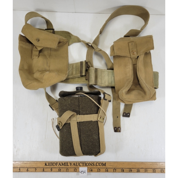 BRITISH PATTERN 1937 MILITARY DUTY BELT W/ CANTEEN & UNIVERSAL POUCH 