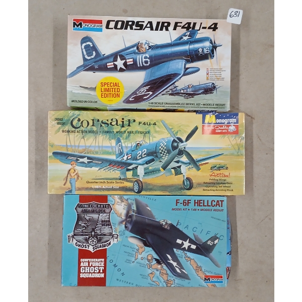 LOT OF 3 - MONOGRAM WAR PLANE MODEL KITS - INCL F-6F HELLCAT & CORSAIR F4U-4