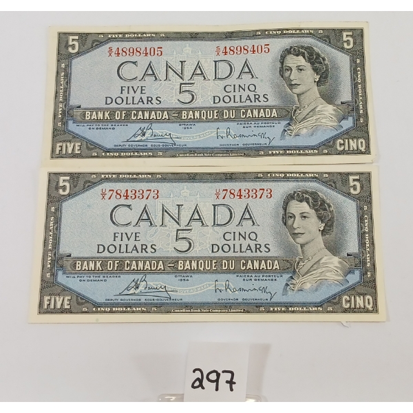 LOT OF 2 - 1954 CDN $5 BANKNOTES