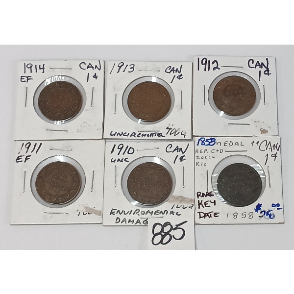LOT OF 6 - 1858 & 1910-1914 CDN LARGE CENTS