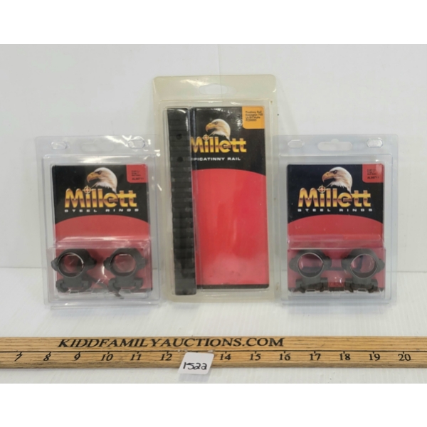 LOT OF 3 - MILLET 1IN MED STEEL RINGS & PICATINNY RAIL 