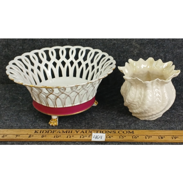 LOT OF 2 - VISTA ALEGRE RETICULATED PORCELAIN BASKET & BELLEEK CASTLE NEPTUNE SHELL VASE