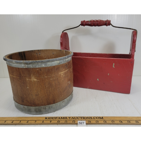 LOT OF 2 - VINTAGE TOOL TOTE & BANDED BARREL