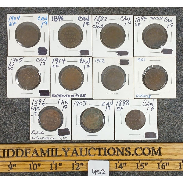 LOT OF 11 - 1882-1914 CDN 1 CENT COINS