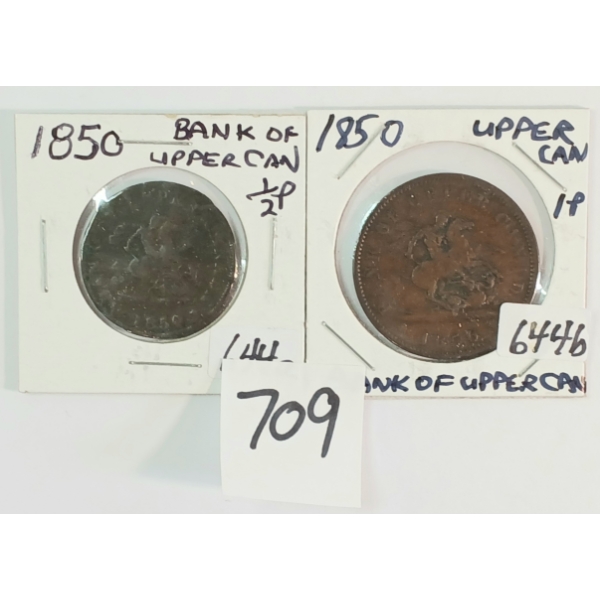 LOT OF 2 - 1850 BANK OF UPPER CANADA LARGE 1/2 & 1 PENNIES