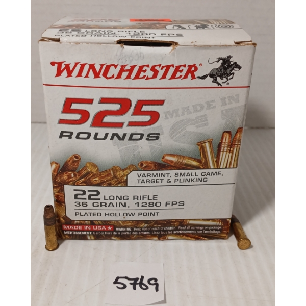 AMMO: APPROX 525X WINCHESTER .22 LR - 36GR - PLATED HP