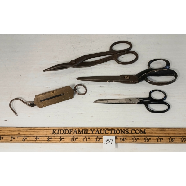 LOT OF 4 - DRESS MAKER SHEARS, CRAFTSMAN TIN SNIPS & BRASS POCKET BALANCE 