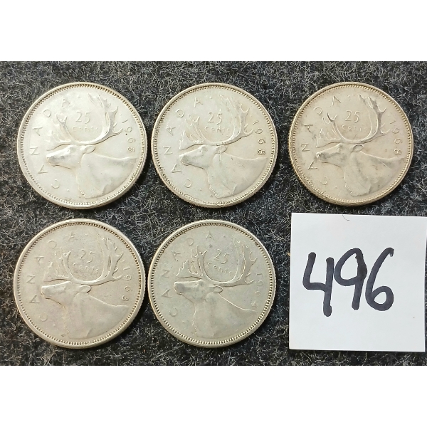LOT OF 5 - 1963-1968 CDN 25 CENT SILVER COINS