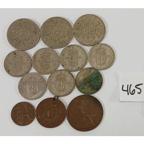 LOT OF 13 - 1909-1964 BRITISH 1 & 2 SHILLINGS, HALF & LARGE PENNIES