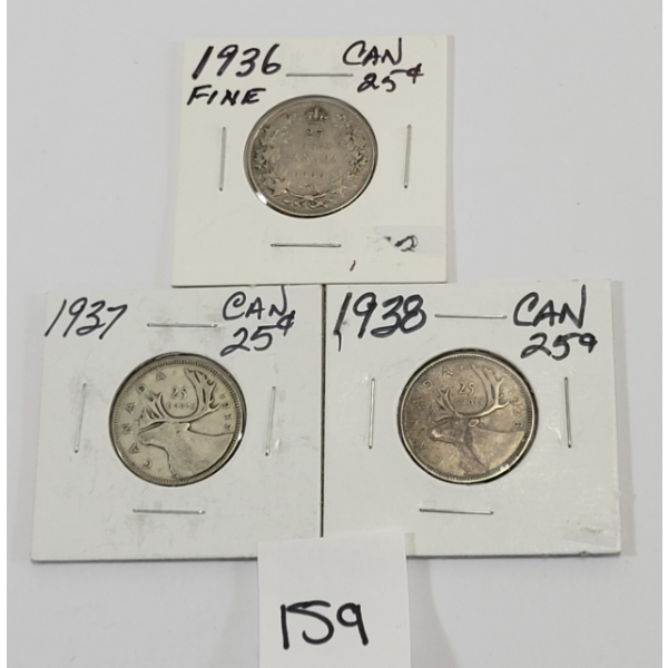 LOT OF 3 - CDN 25 CENT SILVER COINS - INCL 1936, 1937 & 1938