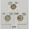 LOT OF 3 - CDN 25 CENT SILVER COINS - INCL 1936, 1937 & 1938
