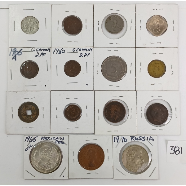 LOT OF 15 - WORLD COINS - INCL 1965 MEXICAN PESO, 1970 RUSSIAN COIN, ETC