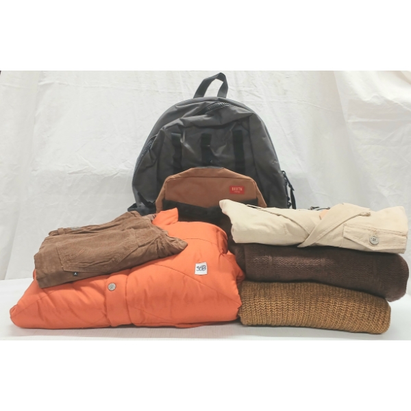 LOT OF 6 - MEN'S CORDUROY PANTS, KNIT SWEATERS, JACKETS & BACKPACK - FT BRIXTON, POLER, ETC