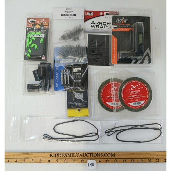 LOT OF 12 - ARCHERY ACCESSORIES - AXIS SIGHT LEVELER, ARROW SAW, PEEP SHADE CAP, NOCKS, ETC