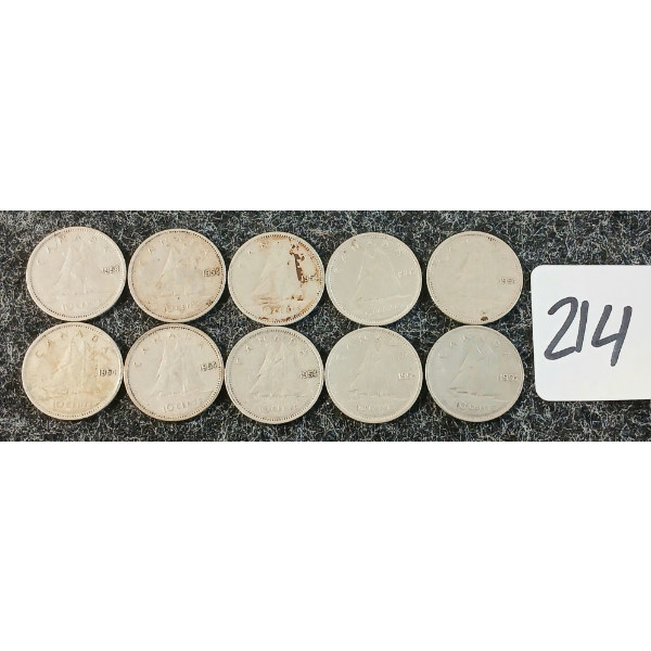 LOT OF 10 - 1954 CDN 10 CENT COINS