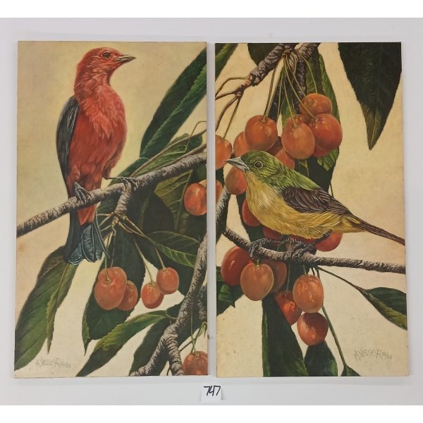 LOT OF 2 - 1988 BIRDS IN BERRY TREES BY MARTEN VISSER (PRS CDN ARTIST) - ACRYLIC ON BOARD