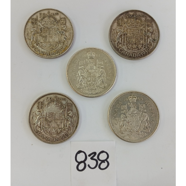 LOT OF 5 - 1945 - '65 CDN 50 CENT SILVER COINS