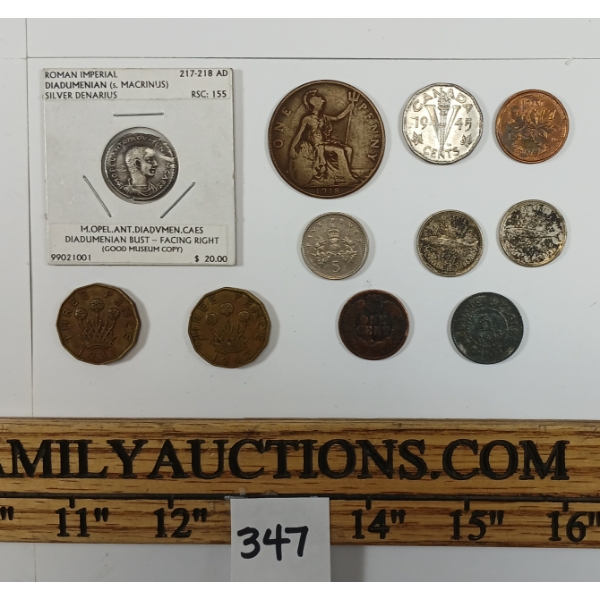 LOT OF 11 - WORLD COINS - INCL ROMAN DENARIUS, 1897 US INDIAN HEAD PENNY & 1918 CDN LG 1 CENT