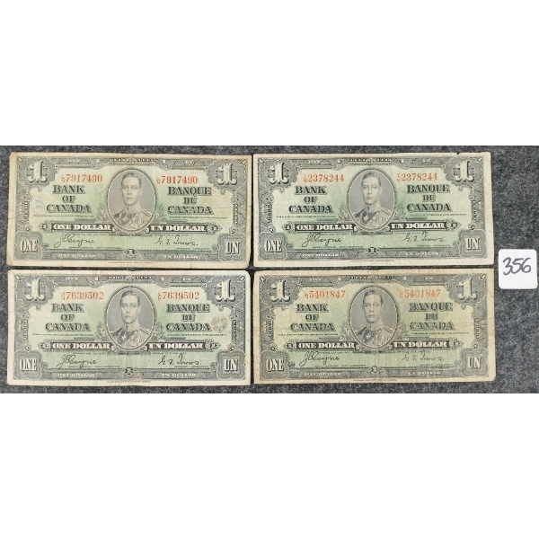 LOT OF 4 - 1937 BANK OF CANADA DOLLAR BANKNOTES