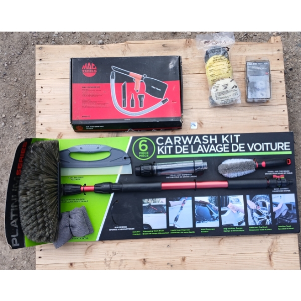 LOT OF 4 - CAR CLEANING ITEMS - CAR WASH KIT, MAC AIR VAC KIT, BRAKE HUB CLEANING KIT