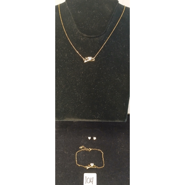 LOT OF 3 - 14K GOLD PLATED HEART CUT SIMULATED DIAMOND (CZ) MOM NECKLACE, BRACELET & EARRINGS