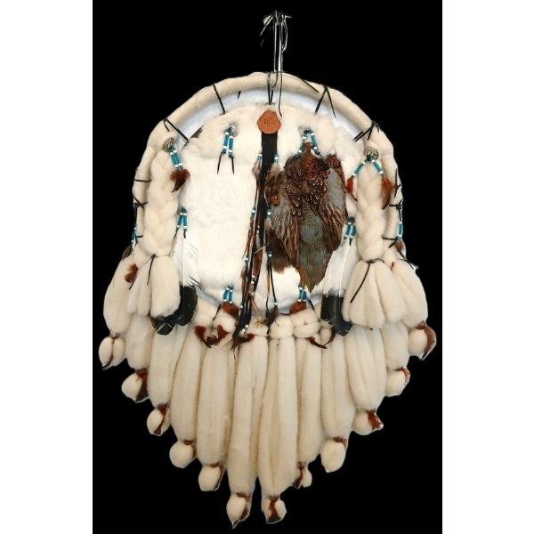 DREAM CATCHER BY UNKNOWN ARTIST - BEADS, FEATHERS, LEATHER, WOOD & WOOL