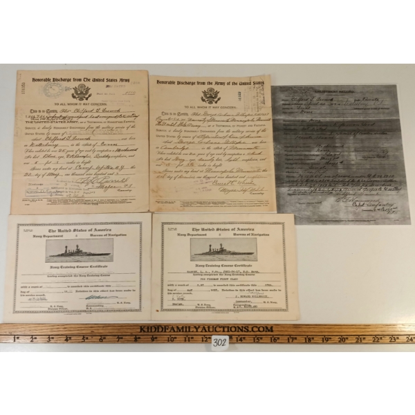 LOT OF 5 - 1937 U.S. NAVY TRAINING COURSE CERTIFICATE & WWI DISCHARGE PAPERS