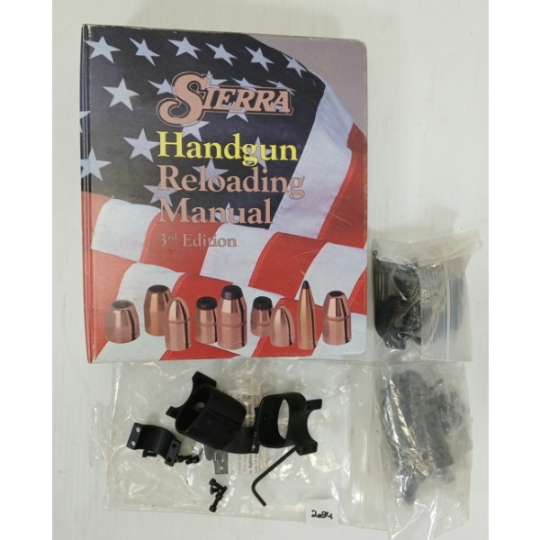 LOT OF 4 - SIERRA HANDGUN RELOADING MANUAL, MILLET SEE-THRU SCOPE MOUNTS
