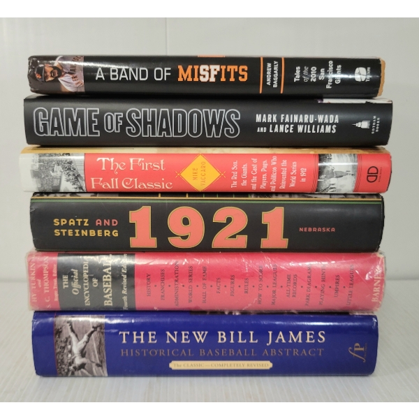 LOT OF 6 - BASEBALL BOOKS - "GAME OF SHADOWS", "A BAND OF MISFITS", "THE FIRST FALL CLASSIC", ETC