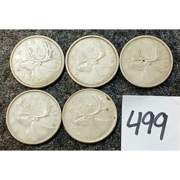 LOT OF 5 - 1956-1968 CDN 25 CENT SILVER COINS