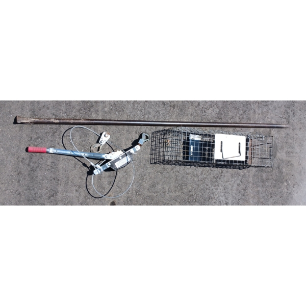 LOT OF 3 - 68IN PRY BAR, TRAP, COME ALONG WINCH